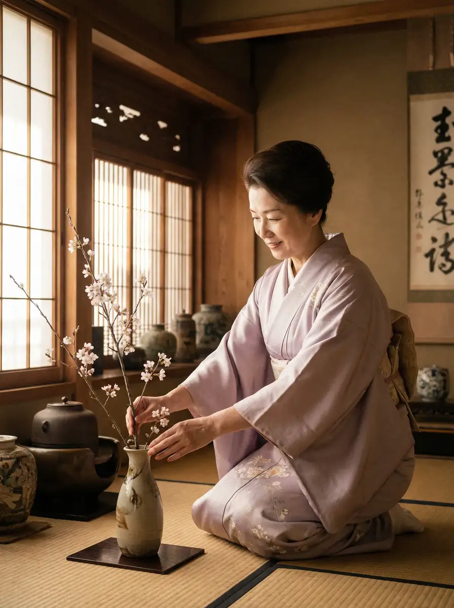 一位优雅的 妈妈的朋友在完整有限公司中字4 在和室中插花